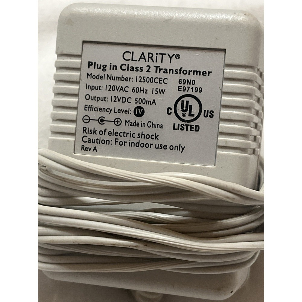 Clarity 12500CEC AC Adapter 12V 500mA Power Supply Class 2 Transformer
